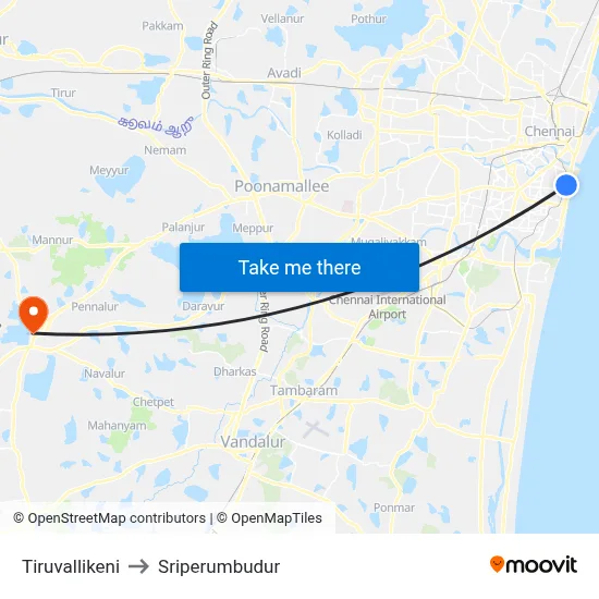 Tiruvallikeni to Sriperumbudur map