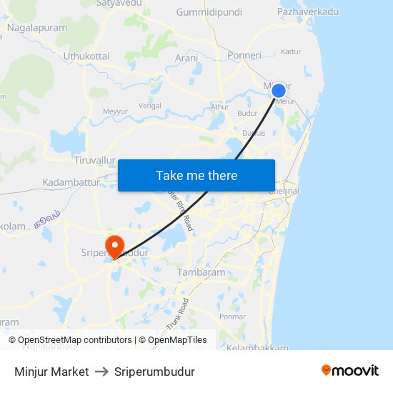 Minjur Market to Sriperumbudur map