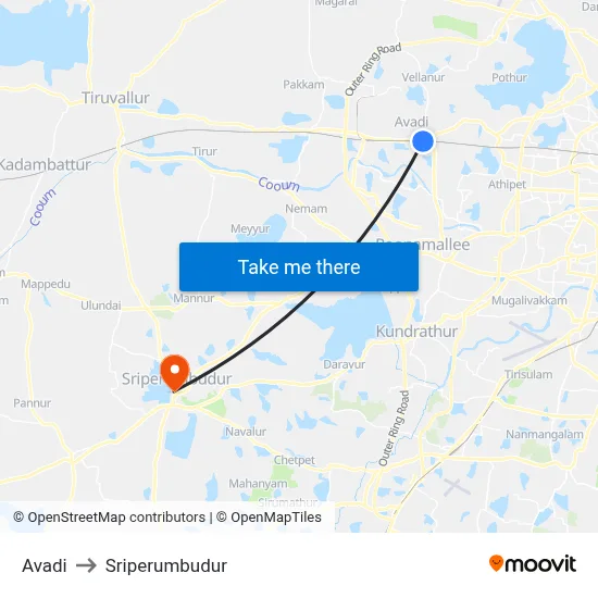 Avadi to Sriperumbudur map