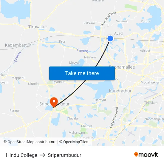 Hindu College to Sriperumbudur map