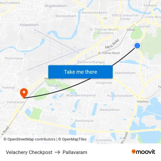 Velachery Checkpost to Pallavaram map