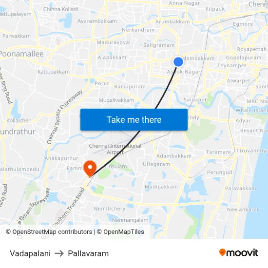 Vadapalani to Pallavaram map