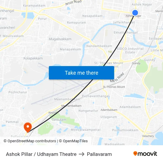 Ashok Pillar / Udhayam Theatre to Pallavaram map