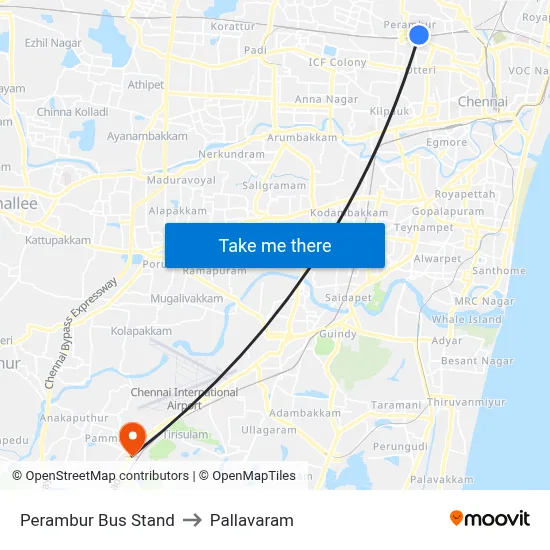 Perambur Bus Stand to Pallavaram map