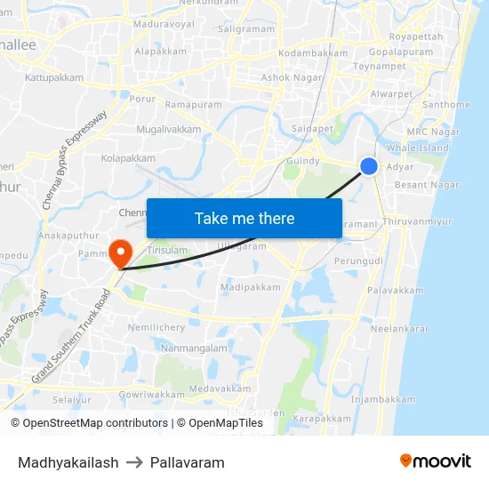 Madhyakailash to Pallavaram map