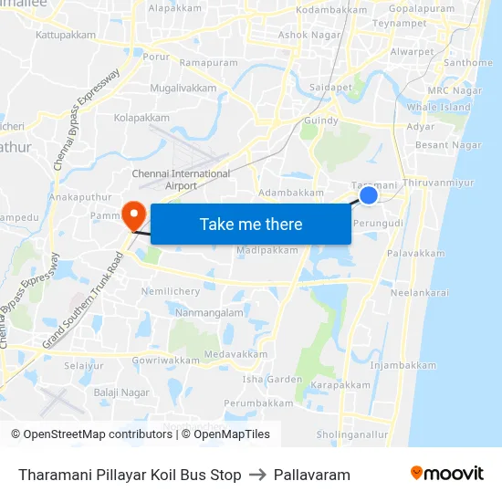 Tharamani Pillayar Koil Bus Stop to Pallavaram map