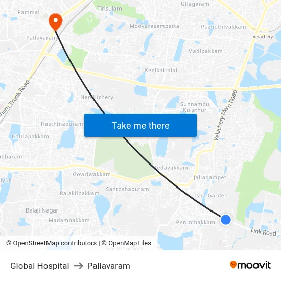 Global Hospital to Pallavaram map
