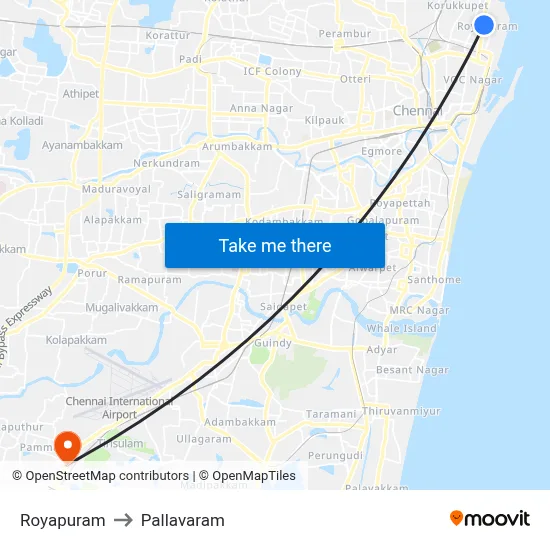 Royapuram to Pallavaram map