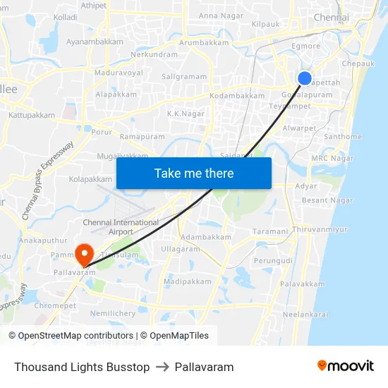 Thousand Lights Busstop to Pallavaram map