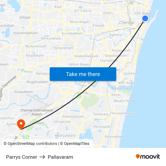 Parrys Corner to Pallavaram map
