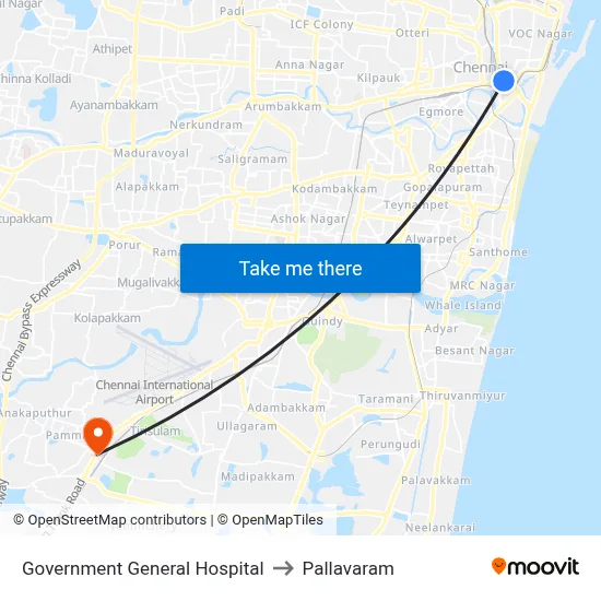 Government General Hospital to Pallavaram map