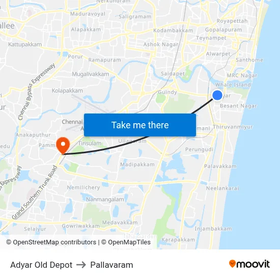 Adyar Old Depot to Pallavaram map