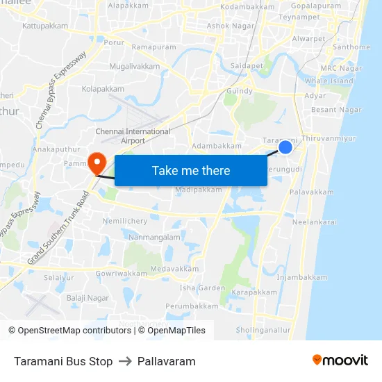 Taramani Bus Stop to Pallavaram map