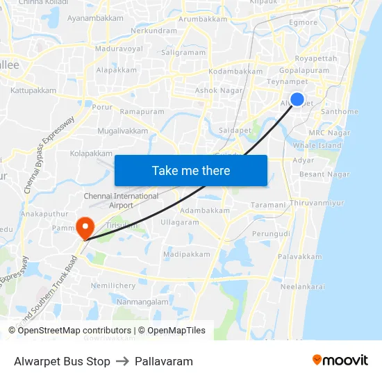 Alwarpet Bus Stop to Pallavaram map