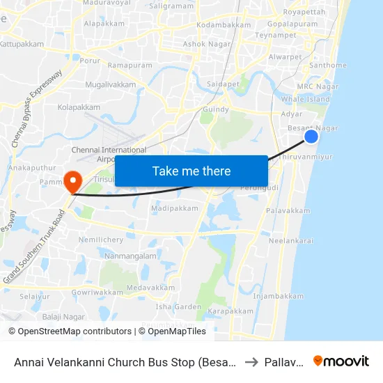 Annai Velankanni Church Bus Stop (Besant Nagar Chruch) to Pallavaram map