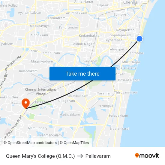 Queen Mary's College (Q.M.C.) to Pallavaram map