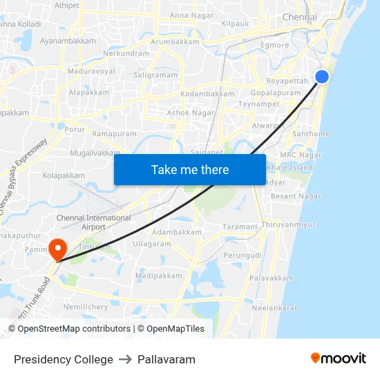 Presidency College to Pallavaram map