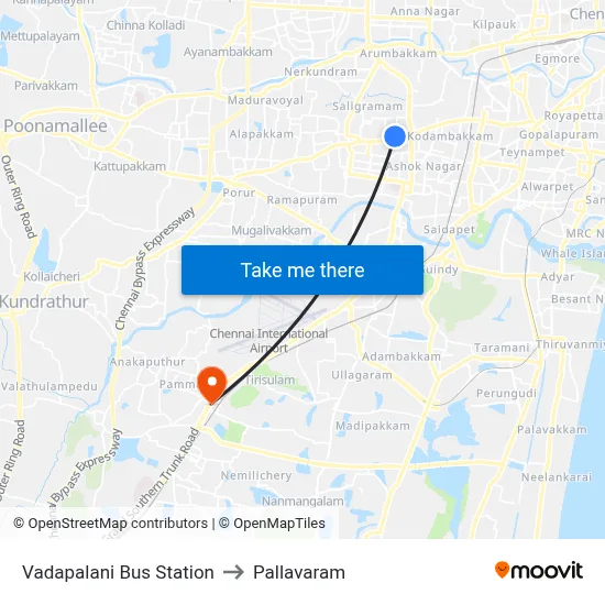 Vadapalani Bus Station to Pallavaram map