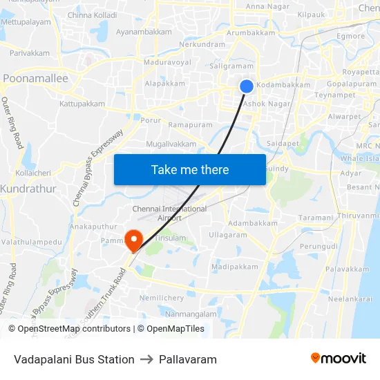 Vadapalani Bus Station to Pallavaram map