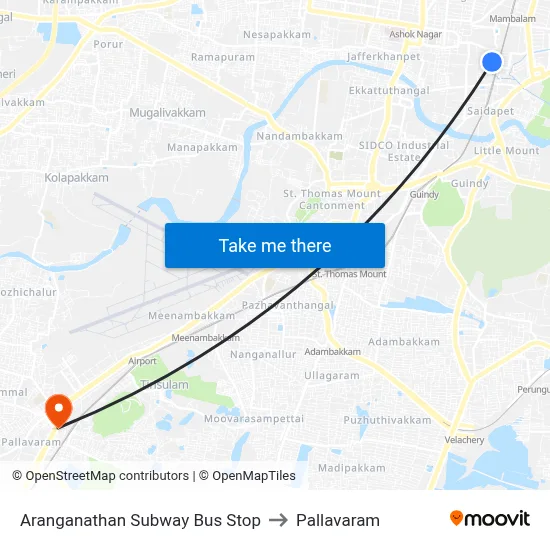 Aranganathan Subway Bus Stop to Pallavaram map