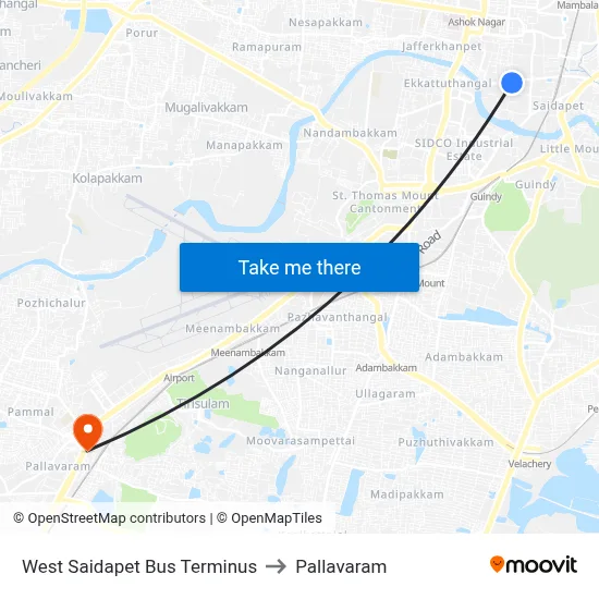 West Saidapet Bus Terminus to Pallavaram map