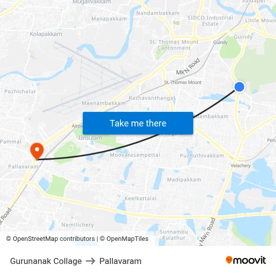 Gurunanak Collage to Pallavaram map