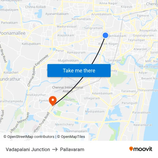 Vadapalani Junction to Pallavaram map