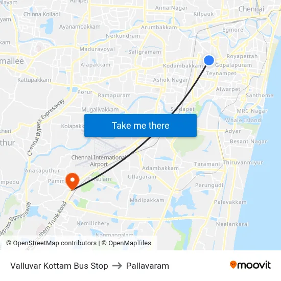 Valluvar Kottam Bus Stop to Pallavaram map