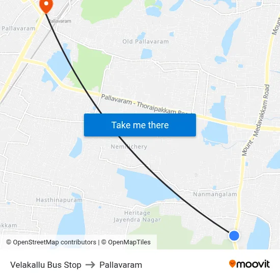 Velakallu Bus Stop to Pallavaram map