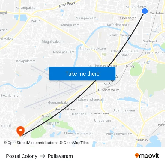 Postal Colony to Pallavaram map