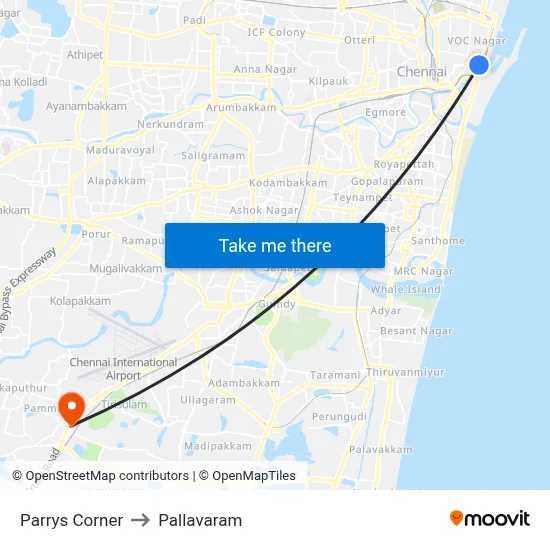 Parrys Corner to Pallavaram map