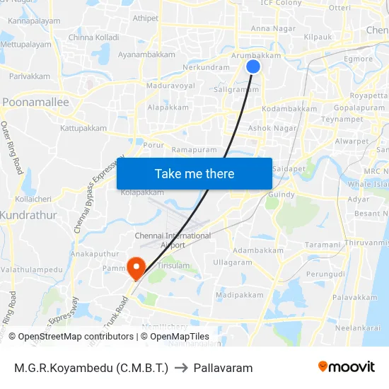 M.G.R.Koyambedu (C.M.B.T.) to Pallavaram map