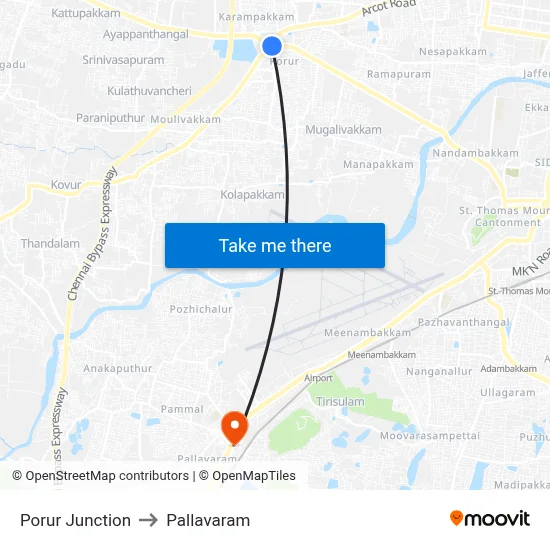 Porur Junction to Pallavaram map