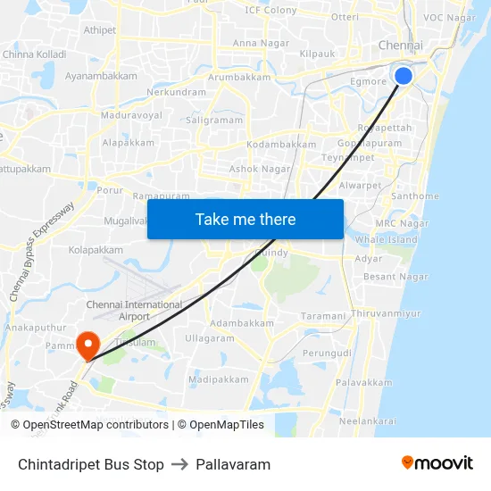 Chintadripet Bus Stop to Pallavaram map