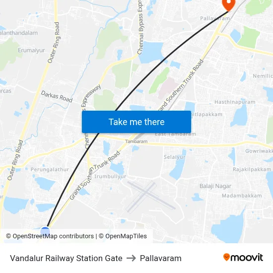 Vandalur Railway Station Gate to Pallavaram map