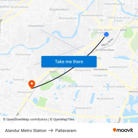 Alandur Metro Station to Pallavaram map