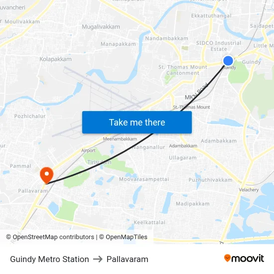 Guindy Metro Station to Pallavaram map