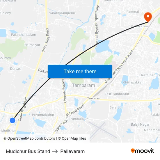 Mudichur Bus Stand to Pallavaram map