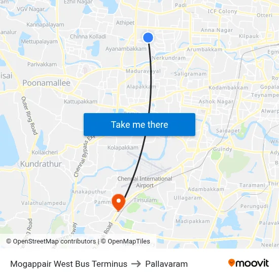 Mogappair West Bus Terminus to Pallavaram map