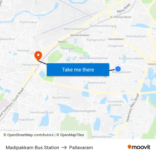 Madipakkam Bus Station to Pallavaram map