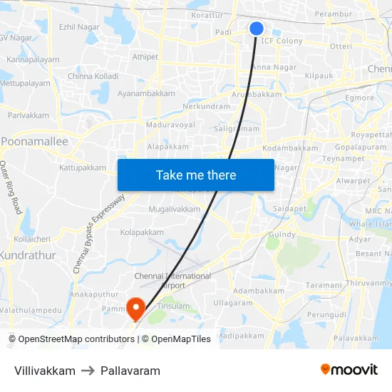 Villivakkam to Pallavaram map