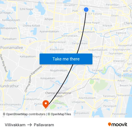 Villivakkam to Pallavaram map