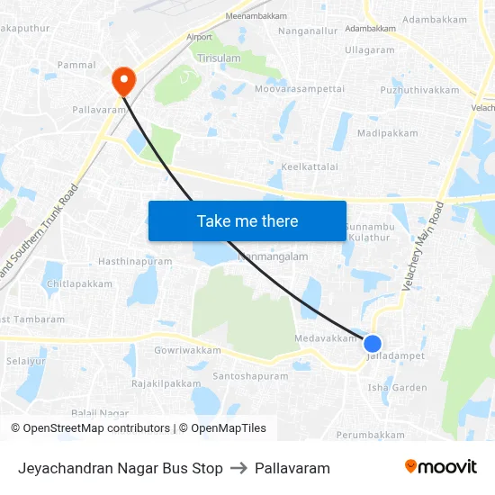 Jeyachandran Nagar Bus Stop to Pallavaram map