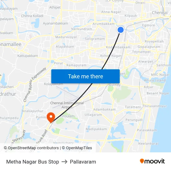 Metha Nagar Bus Stop to Pallavaram map