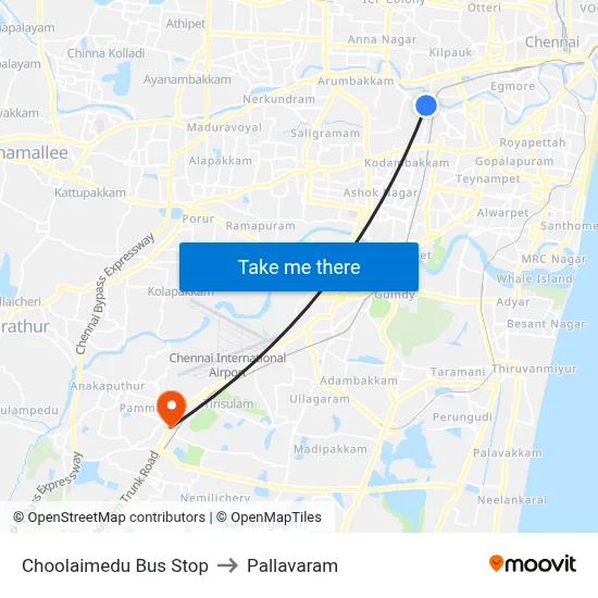 Choolaimedu Bus Stop to Pallavaram map