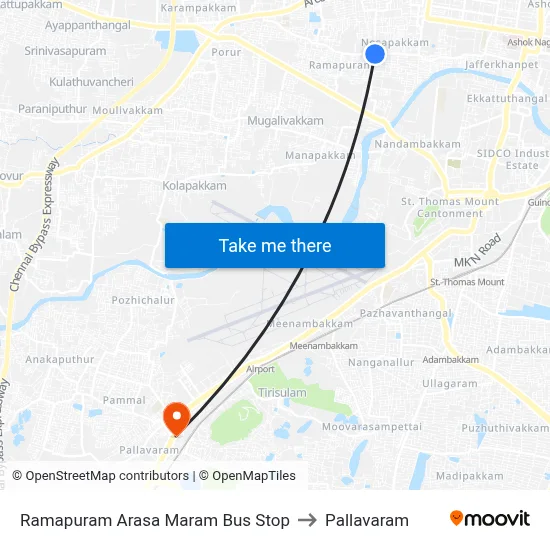 Ramapuram Arasa Maram Bus Stop to Pallavaram map