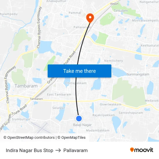 Indira Nagar Bus Stop to Pallavaram map