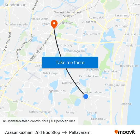 Arasankazhani 2nd Bus Stop to Pallavaram map