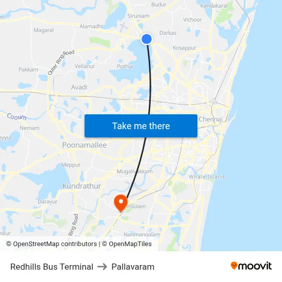 Redhills Bus Terminal to Pallavaram map