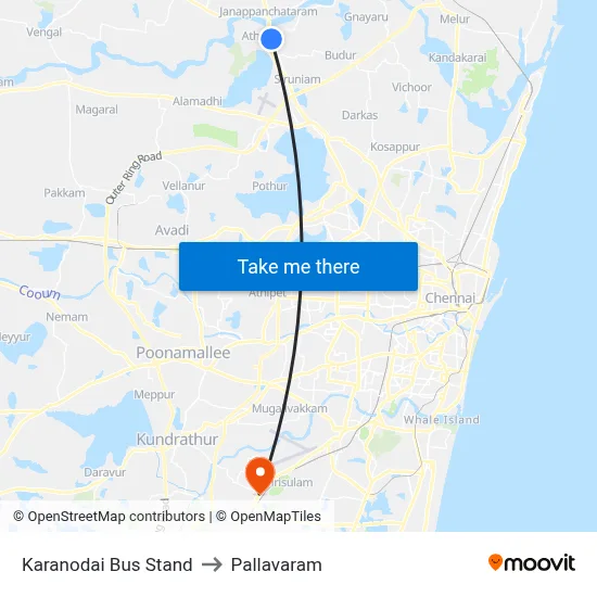 Karanodai Bus Stand to Pallavaram map